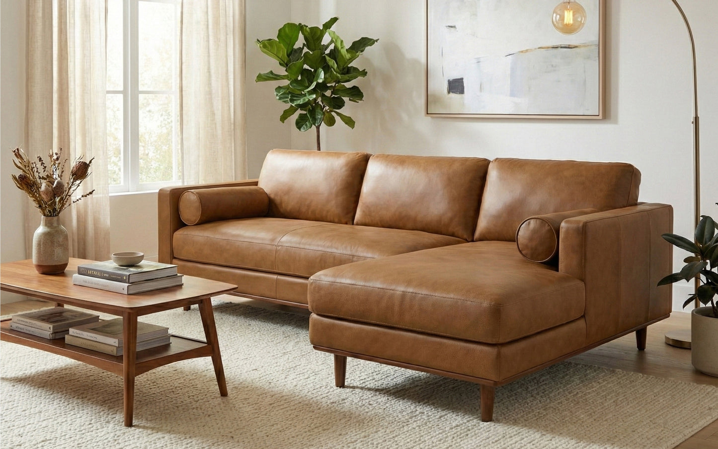 Caramel Brown Genuine Top Grain Leather | Morrison Mid Century Sectional in Genuine Leather