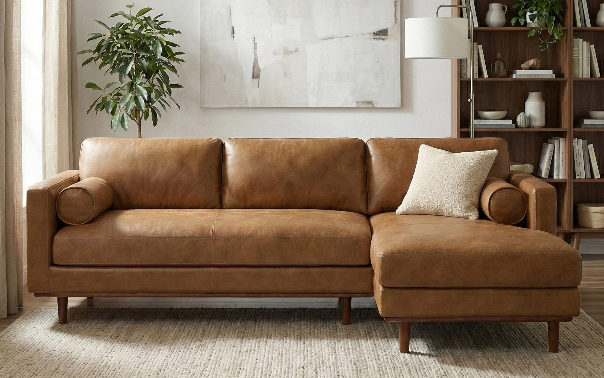 Caramel Brown Genuine Top Grain Leather | Morrison Mid Century Sectional in Genuine Leather