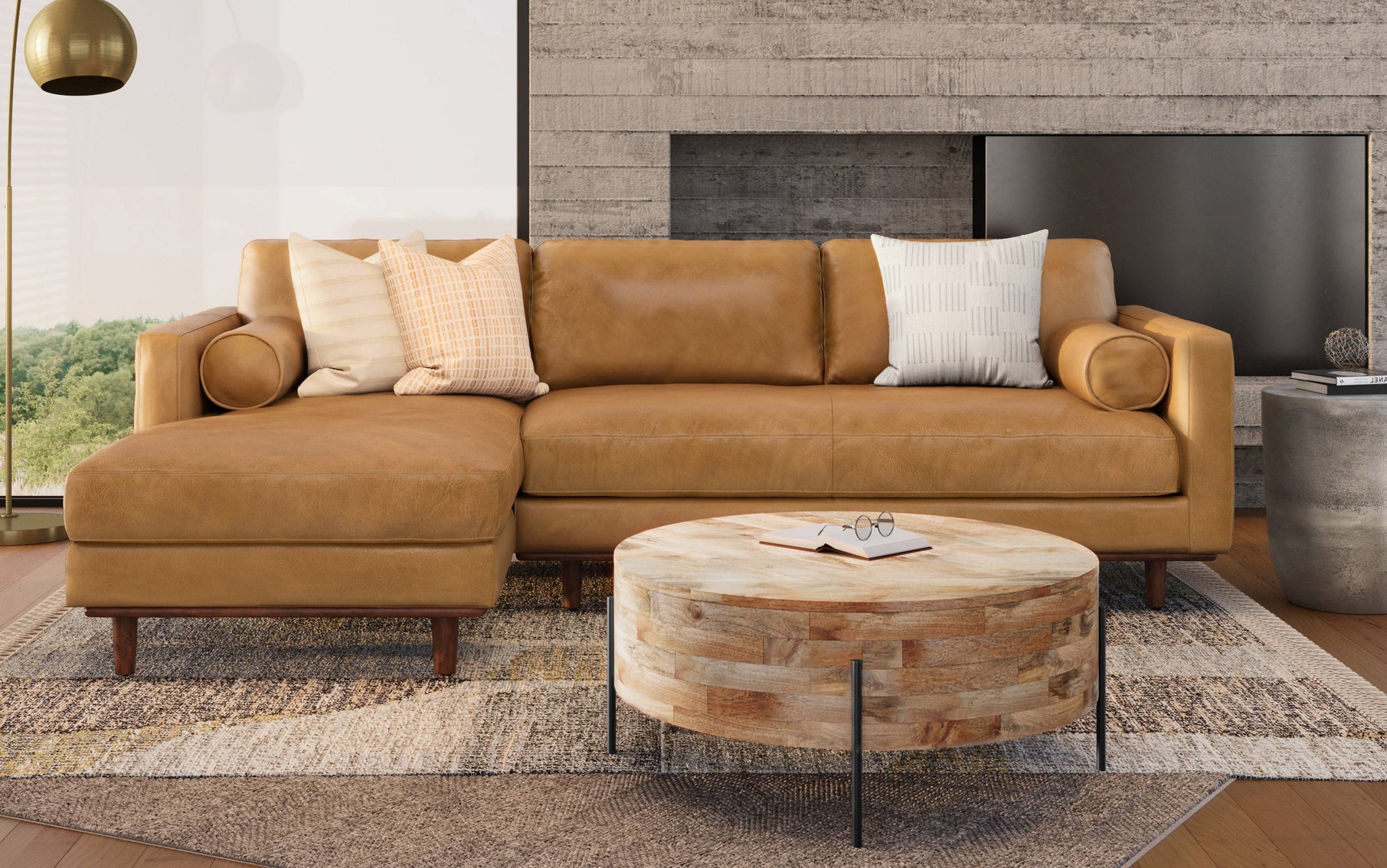 Sienna Genuine Top Grain Leather | Morrison Mid Century Sectional in Genuine Leather