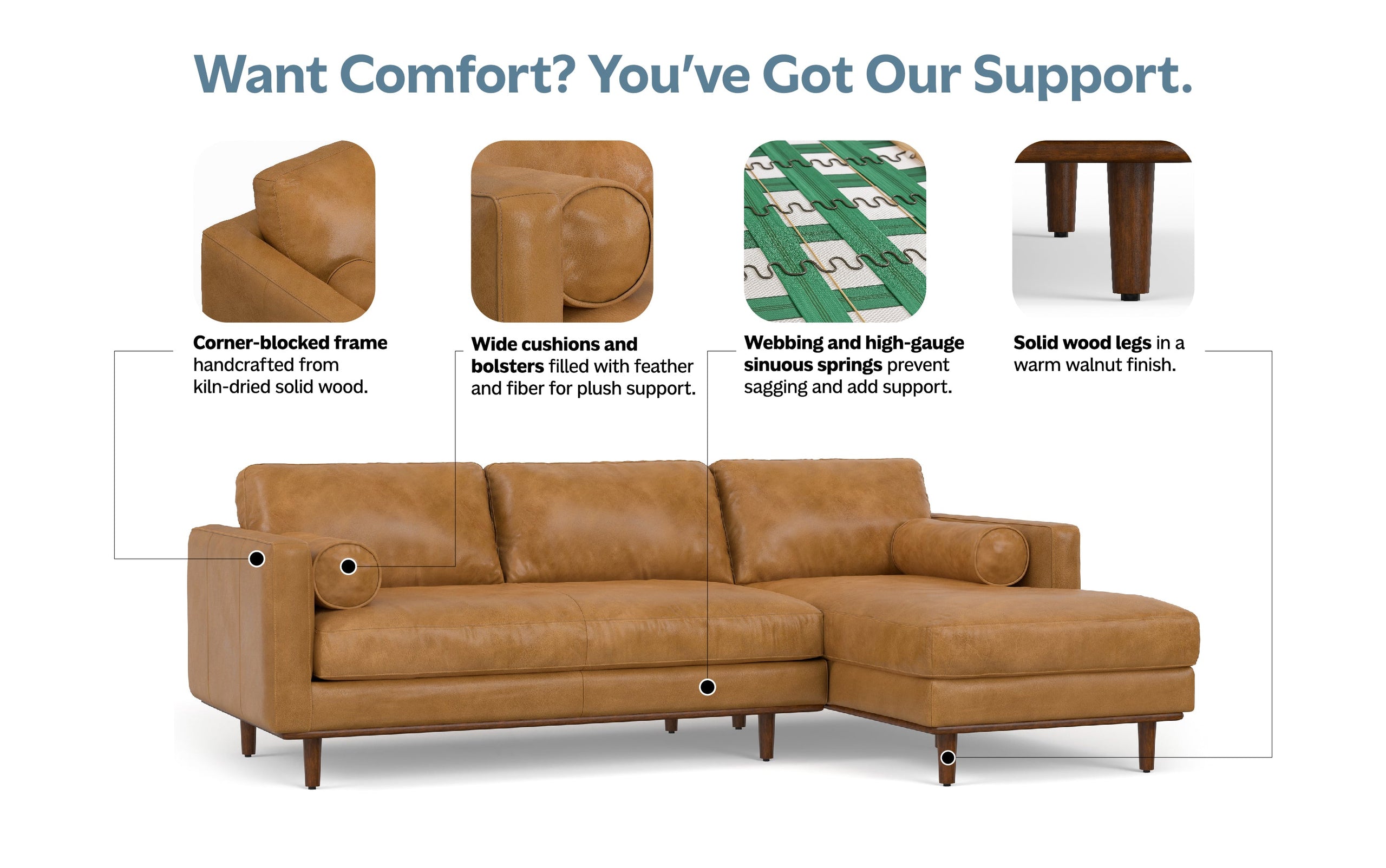 Sienna Genuine Top Grain Leather | Morrison Mid Century Sectional in Genuine Leather