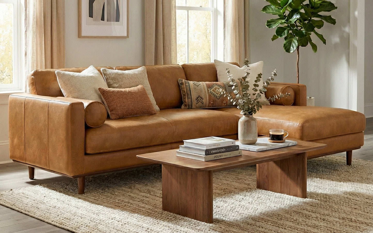 Sienna Genuine Top Grain Leather | Morrison Mid Century Sectional in Genuine Leather