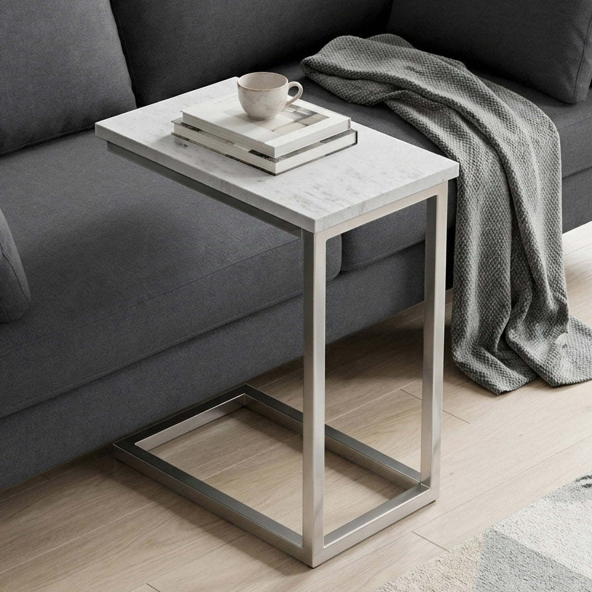 White Marble/Silver | Skyler C Side Table with Genuine Marble Top