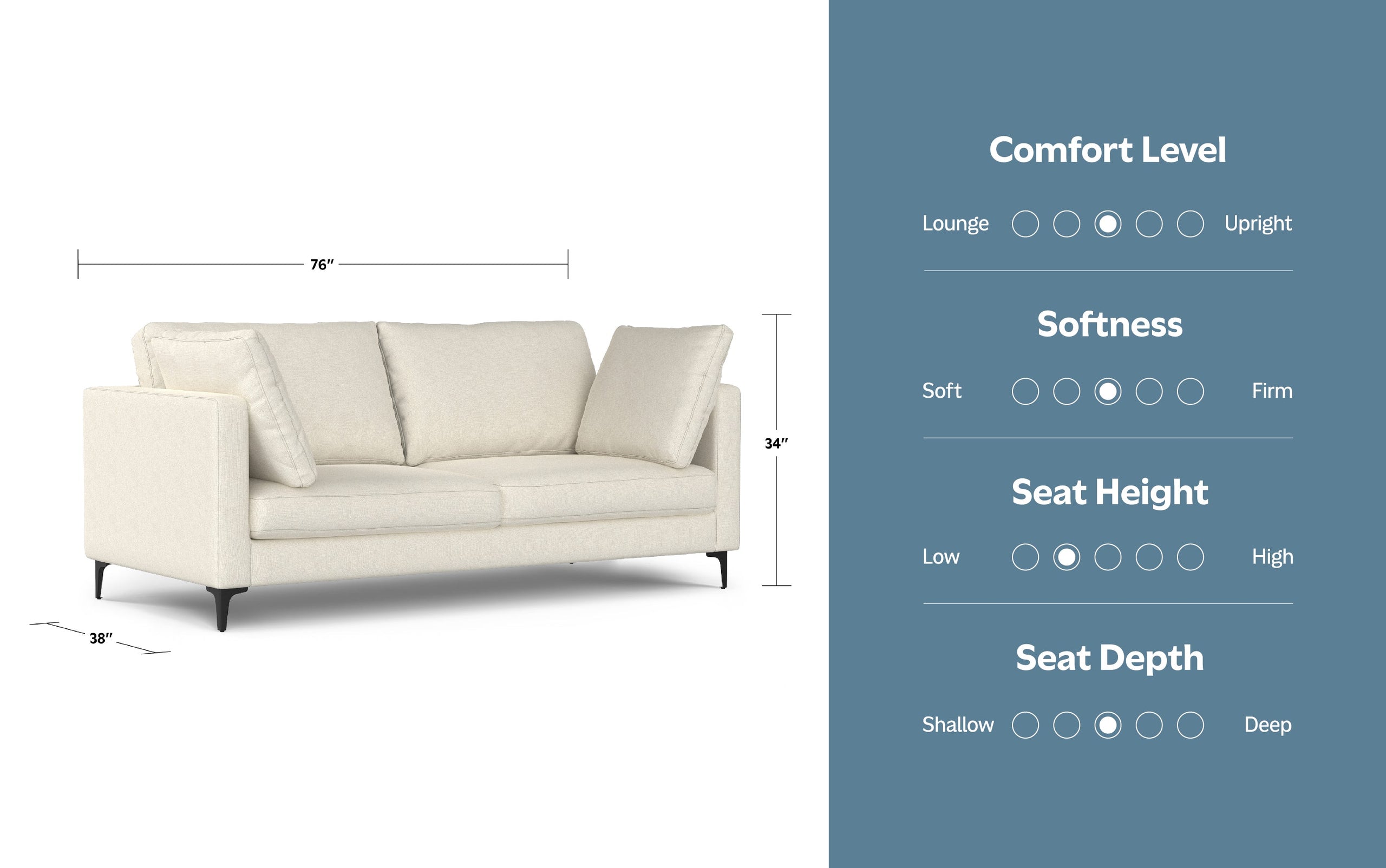 Cream Performance Fabric | Ava 76 inch Mid Century Sofa