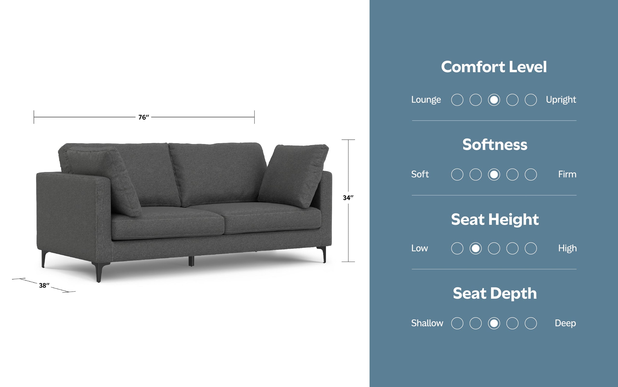 Pebble Grey Performance Fabric | Ava 76 inch Mid Century Sofa