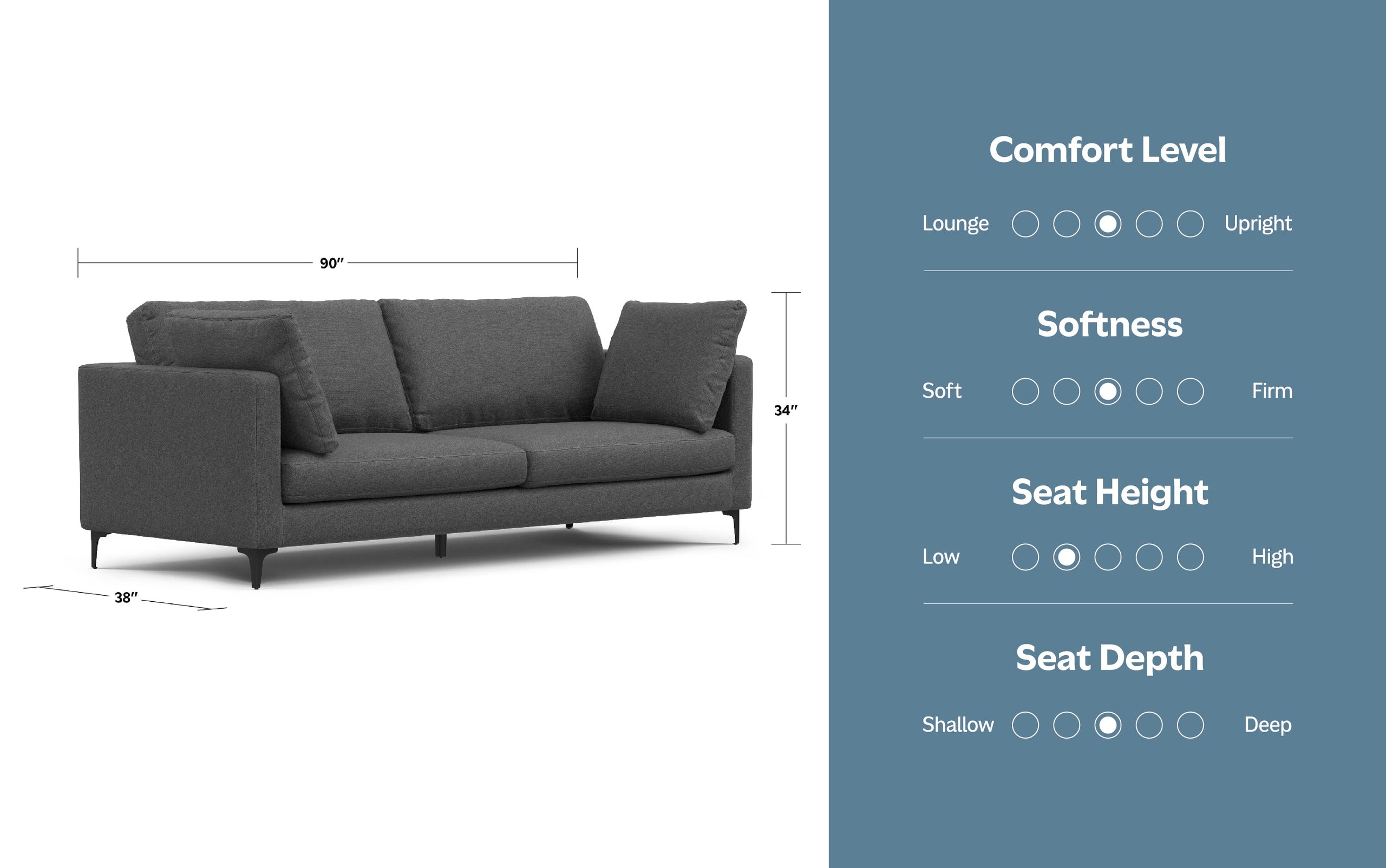 Pebble Grey | Ava 90 inch Mid Century Sofa