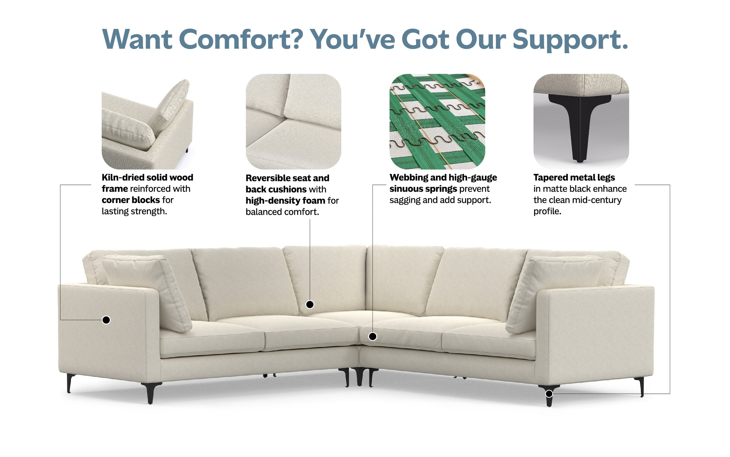Cream | Ava Mid Century Corner Sectional