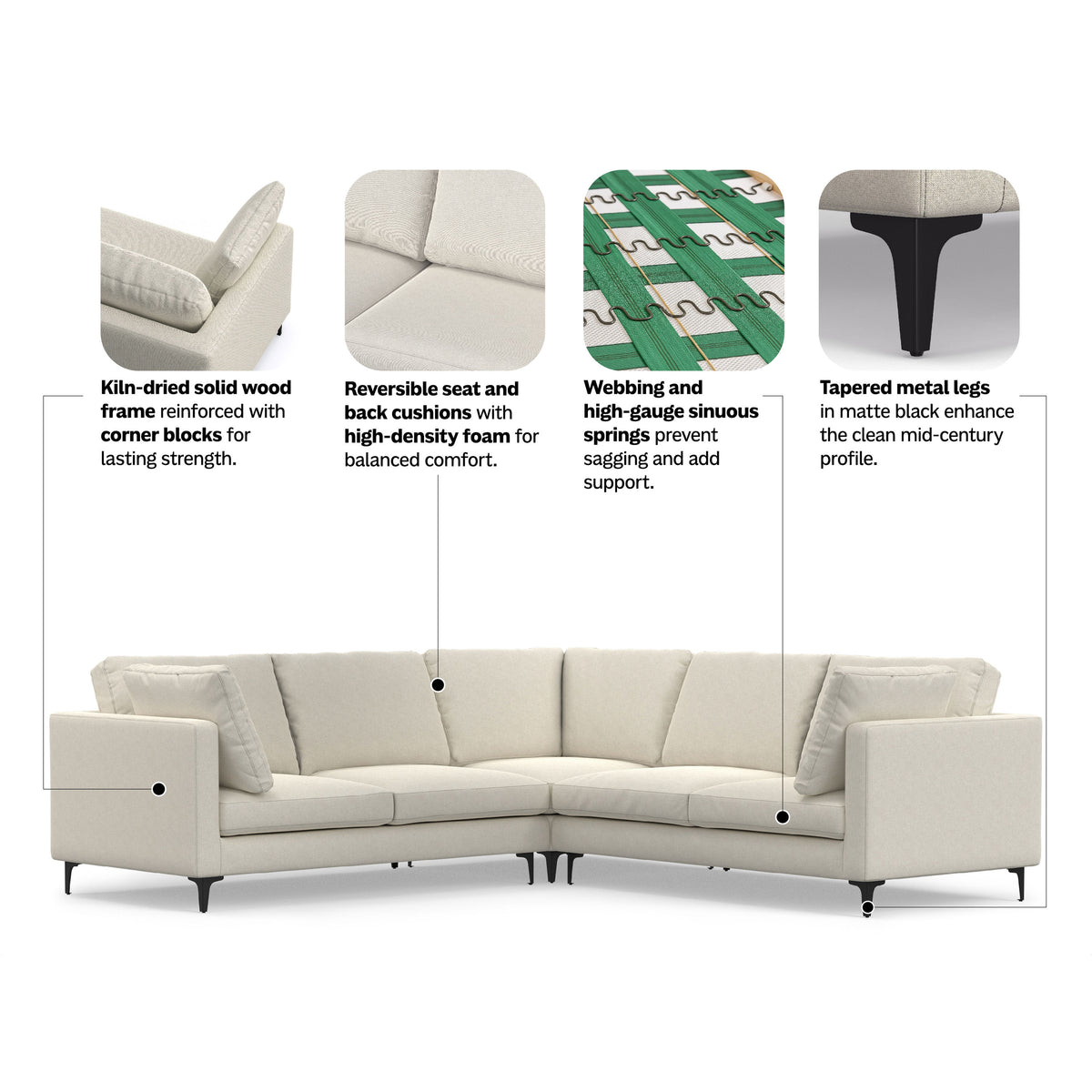 Cream | Ava Mid Century Corner Sectional Sofa