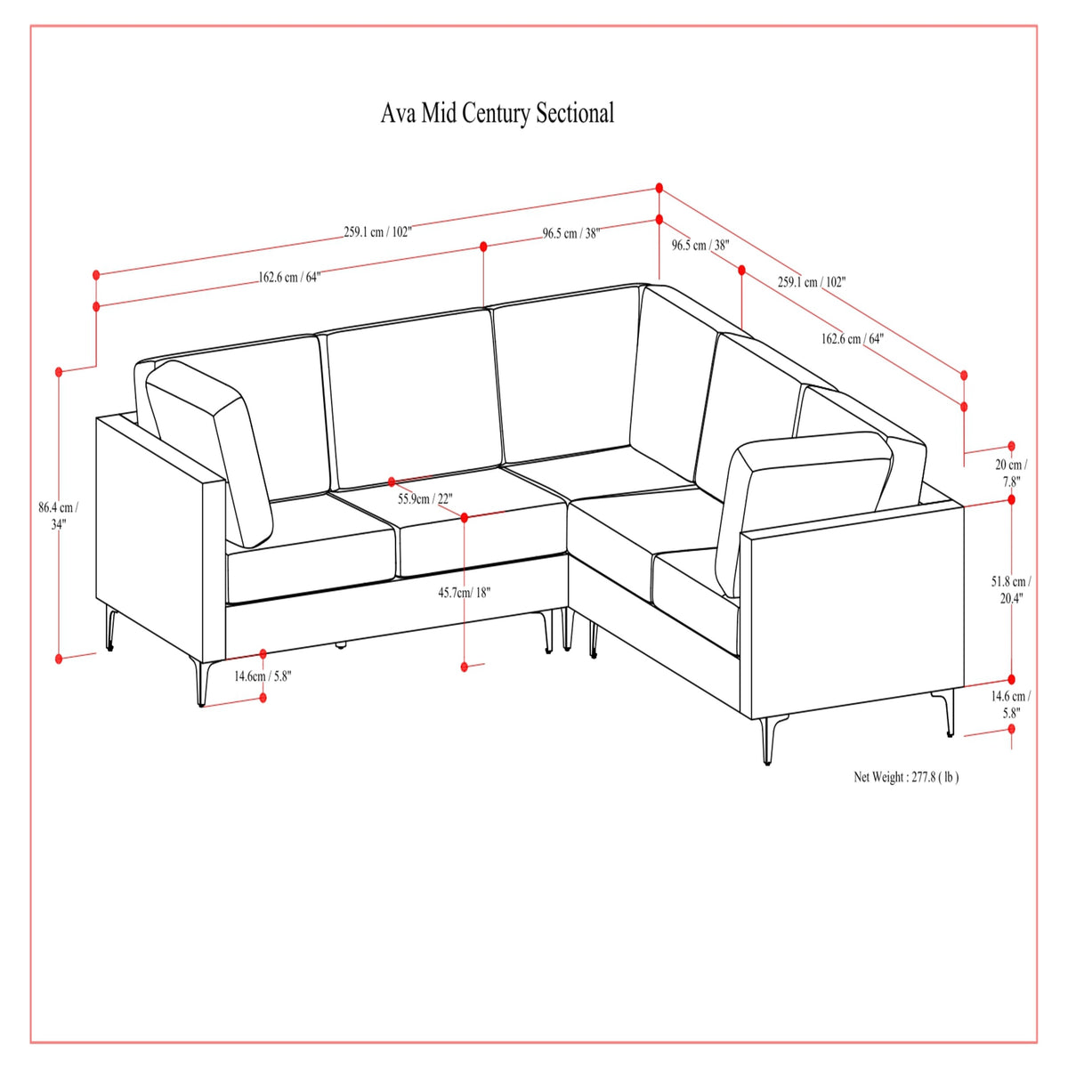 Cream | Ava Mid Century Corner Sectional Sofa