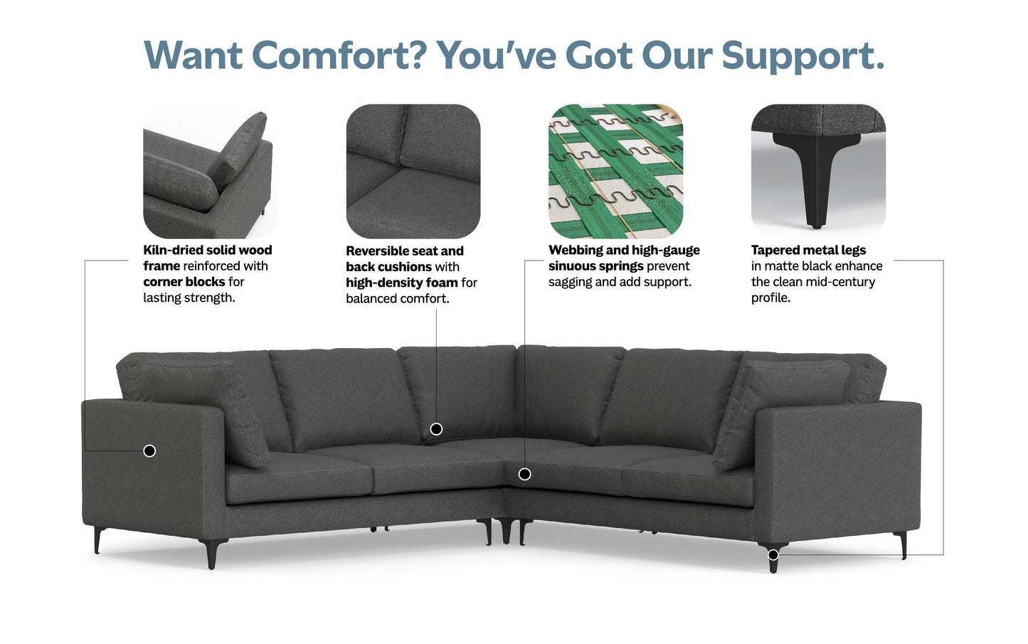 Pebble Grey | Ava Mid Century Corner Sectional