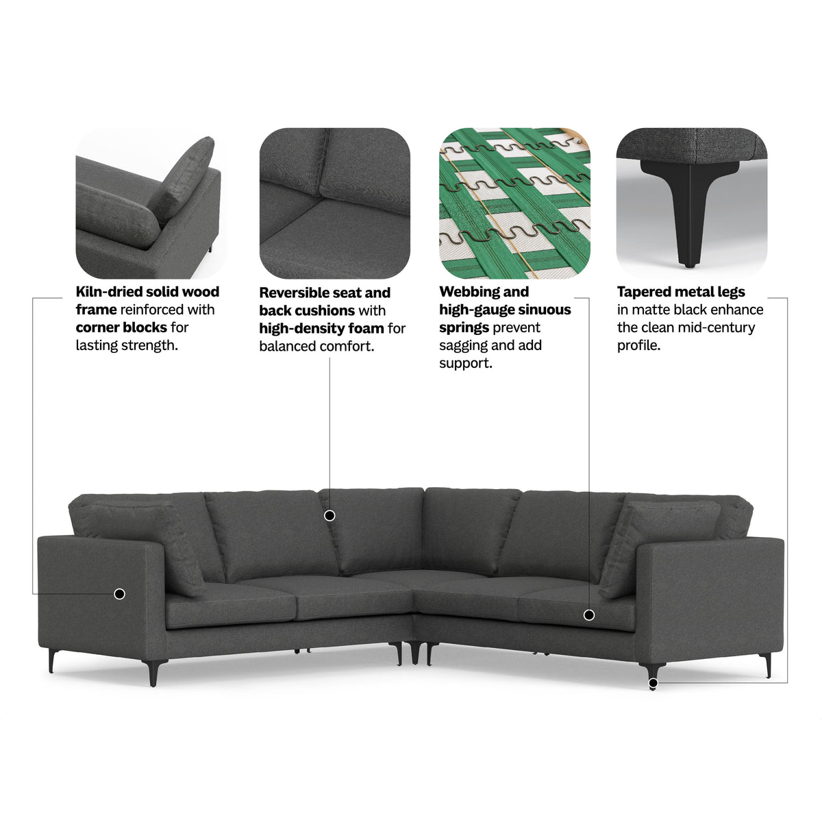 Pebble Grey | Ava Mid Century Corner Sectional Sofa