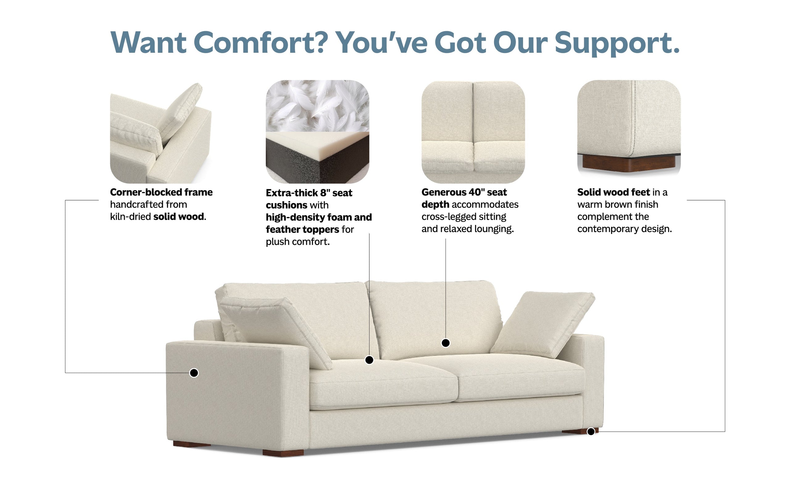 Cream Performance Fabric | Charlie 96 inch Deep Seater Sofa