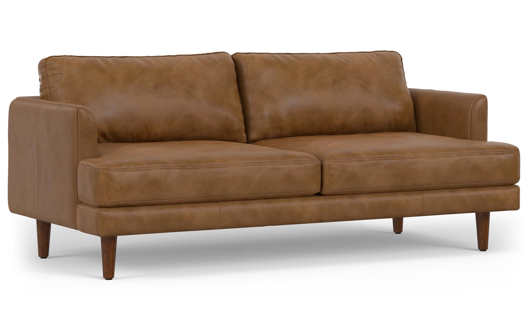 Caramel Brown Genuine Top Grain Leather | Livingston 76 inch Mid Century Sofa in Genuine Leather