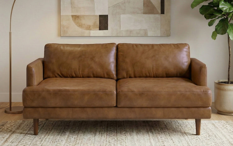 Caramel Brown Genuine Top Grain Leather | Livingston 76 inch Mid Century Sofa in Genuine Leather