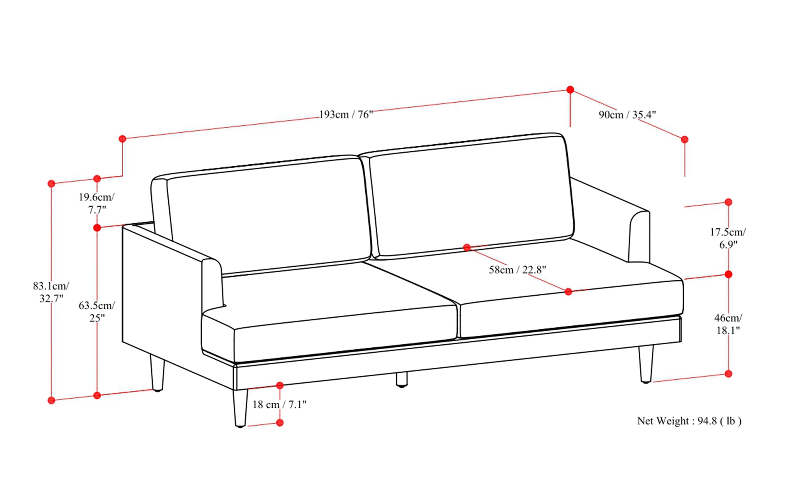 Coal Genuine Top Grain Leather | Livingston 76 inch Mid Century Sofa in Genuine Leather