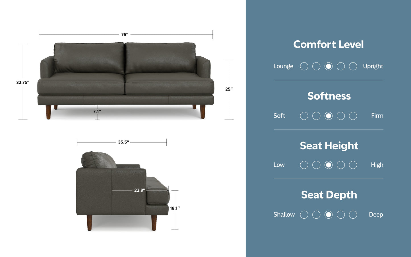 Coal Genuine Top Grain Leather | Livingston 76 inch Mid Century Sofa in Genuine Leather
