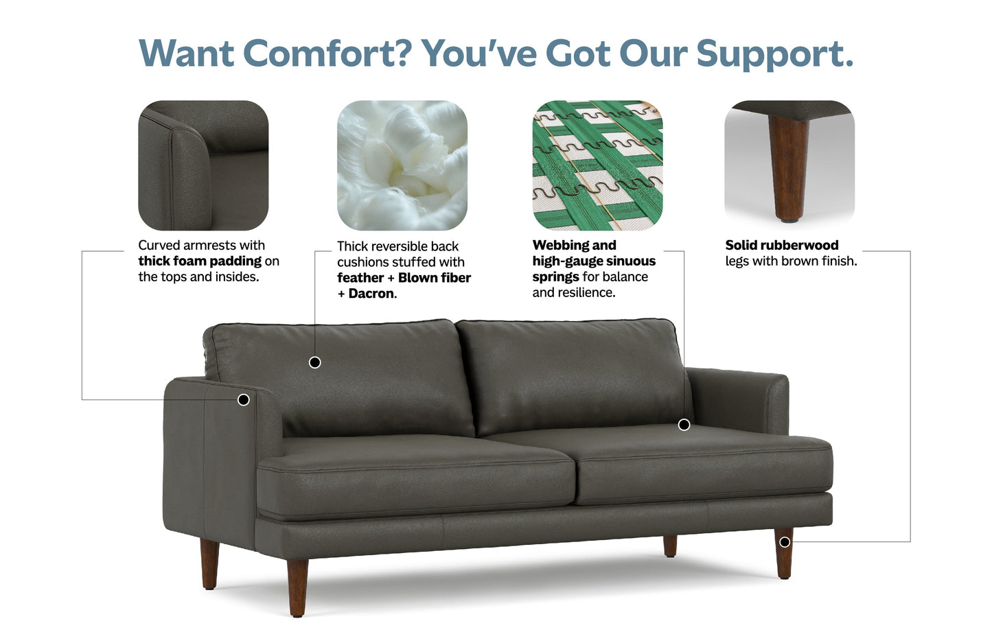 Coal Genuine Top Grain Leather | Livingston 76 inch Mid Century Sofa in Genuine Leather