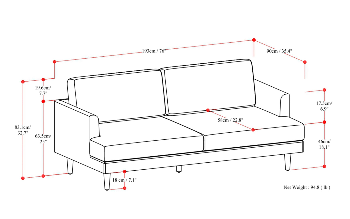 Cream White Woven-Blend Fabric | Livingston 76 inch Mid Century Sofa