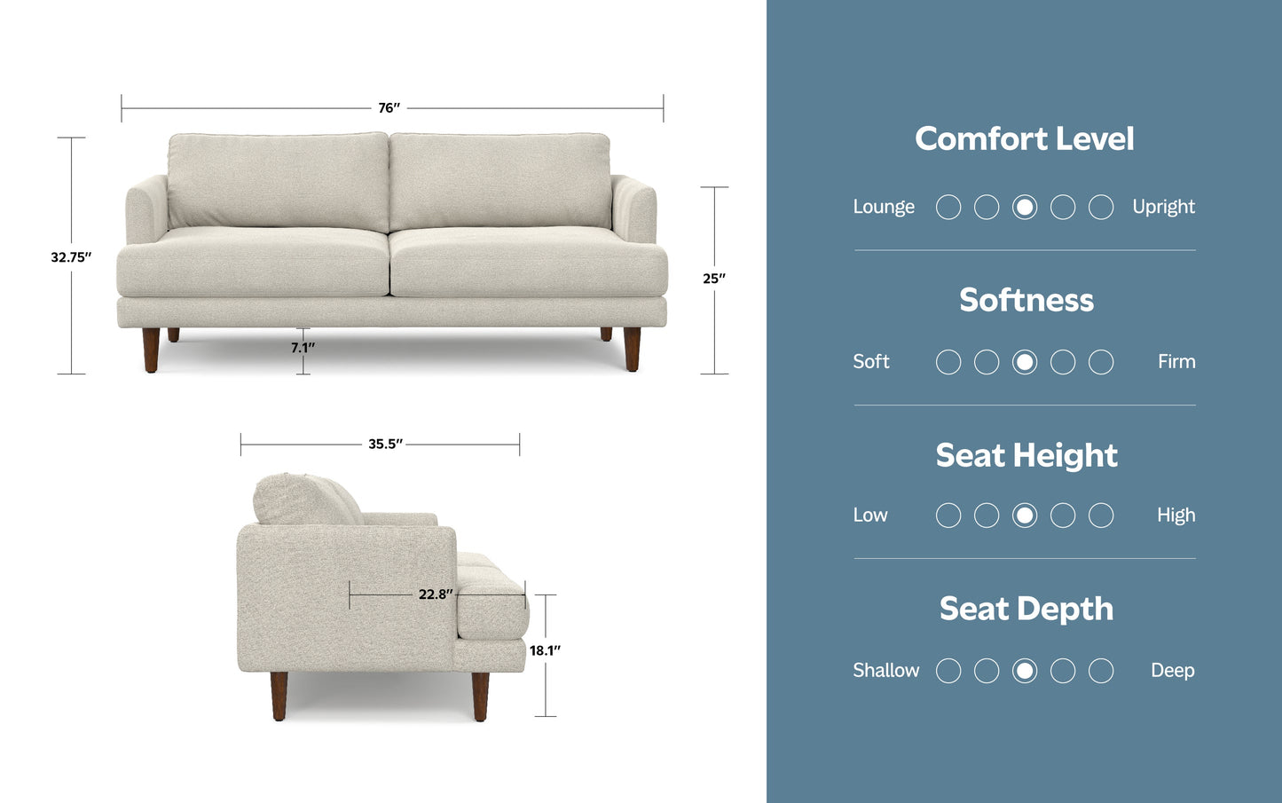 Cream White Woven-Blend Fabric | Livingston 76 inch Mid Century Sofa