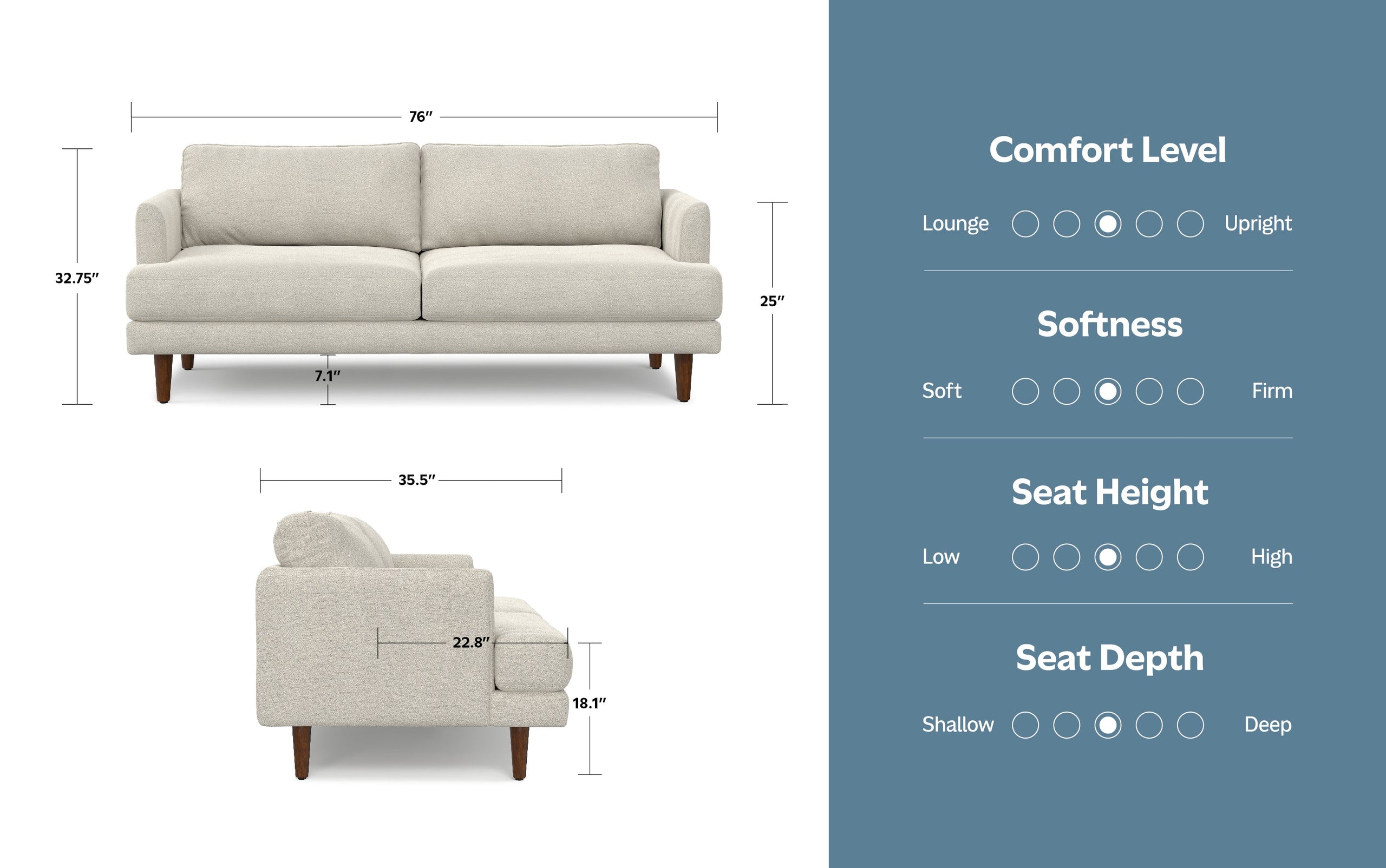 Cream White Woven-Blend Fabric | Livingston 76 inch Mid Century Sofa