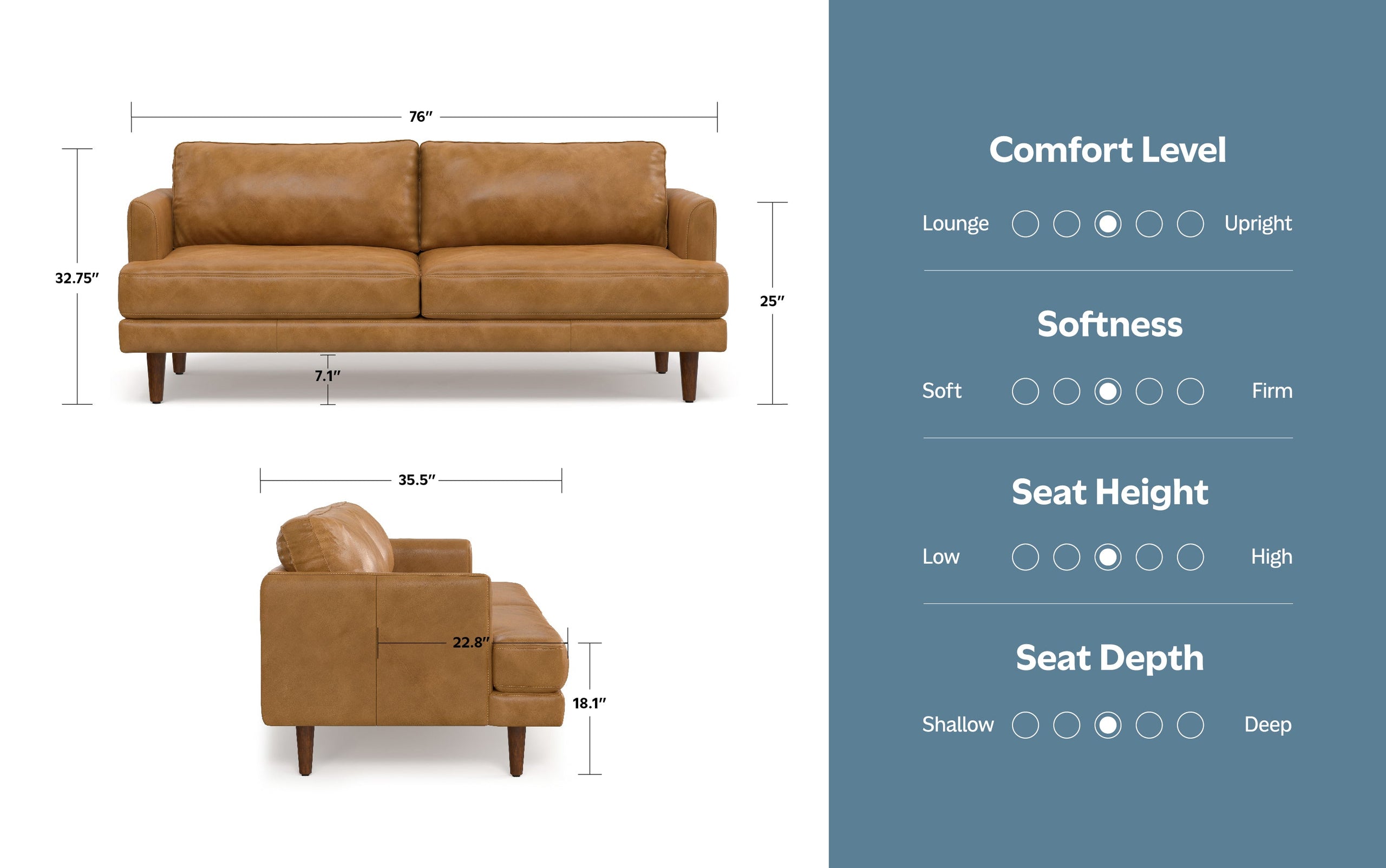 Sienna Genuine Top Grain Leather | Livingston 76 inch Mid Century Sofa in Genuine Leather
