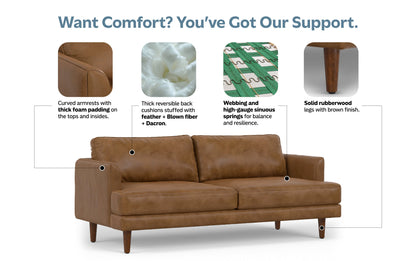 Caramel Brown Genuine Top Grain Leather | Livingston 76 inch Mid Century Sofa in Genuine Leather