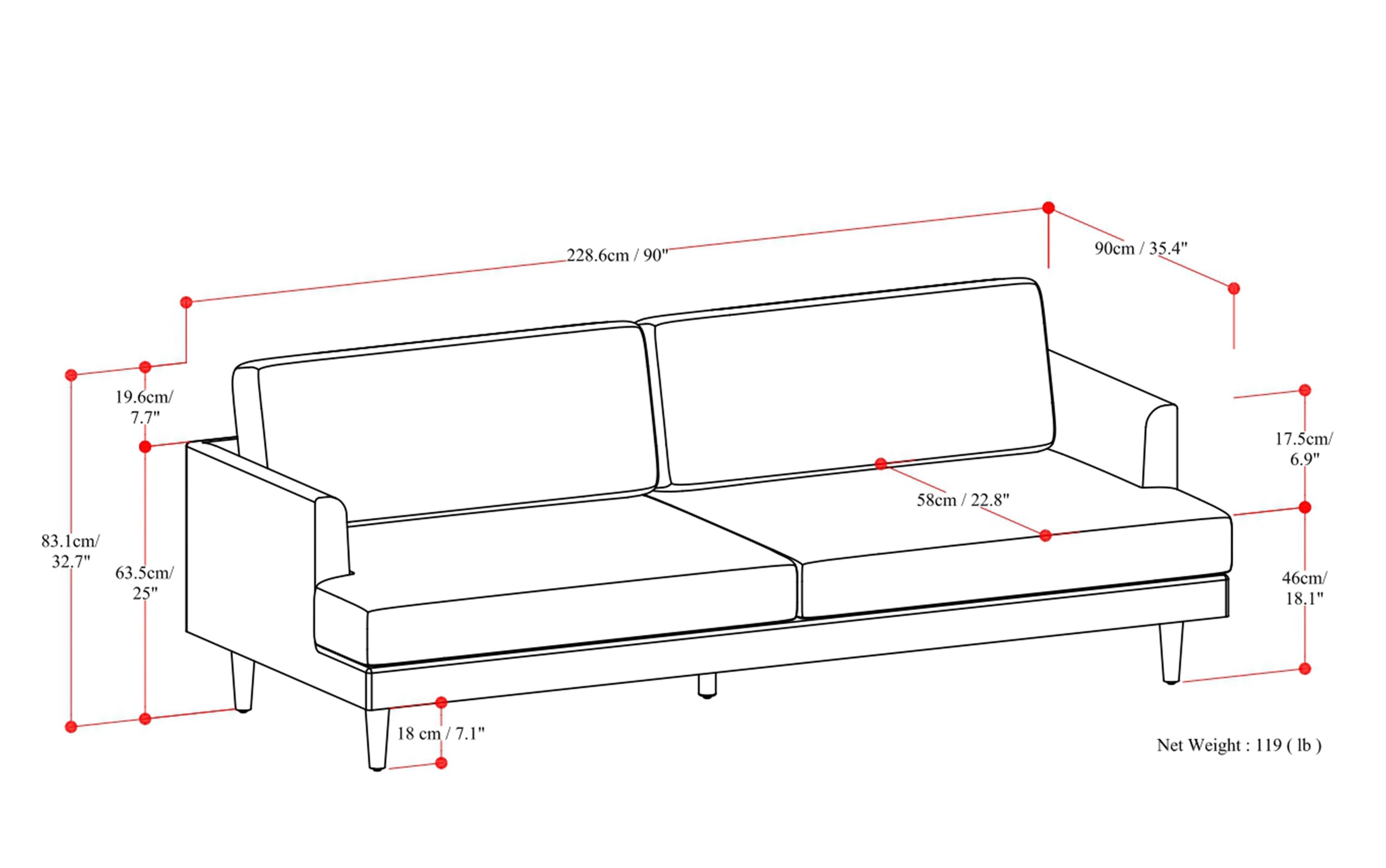 Caramel Brown Genuine Top Grain Leather | Livingston 90 inch Mid Century Sofa in Genuine Leather