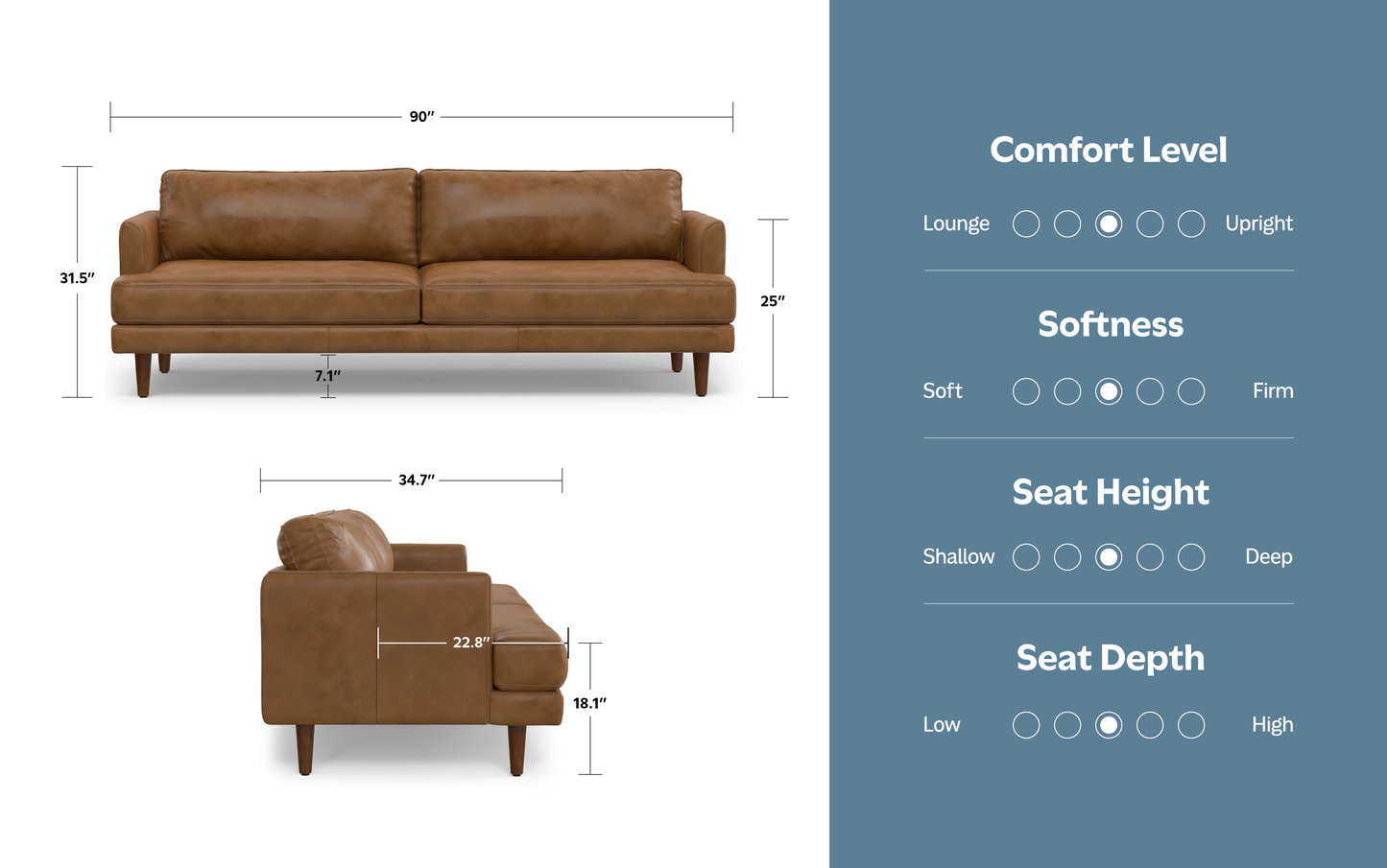Caramel Brown Genuine Top Grain Leather | Livingston 90 inch Mid Century Sofa in Genuine Leather