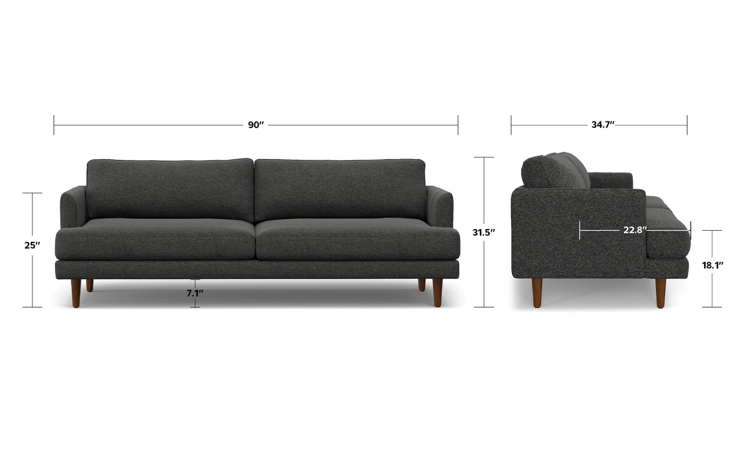 Charcoal Grey Woven-Blend Fabric | Livingston 90 inch Mid Century Sofa