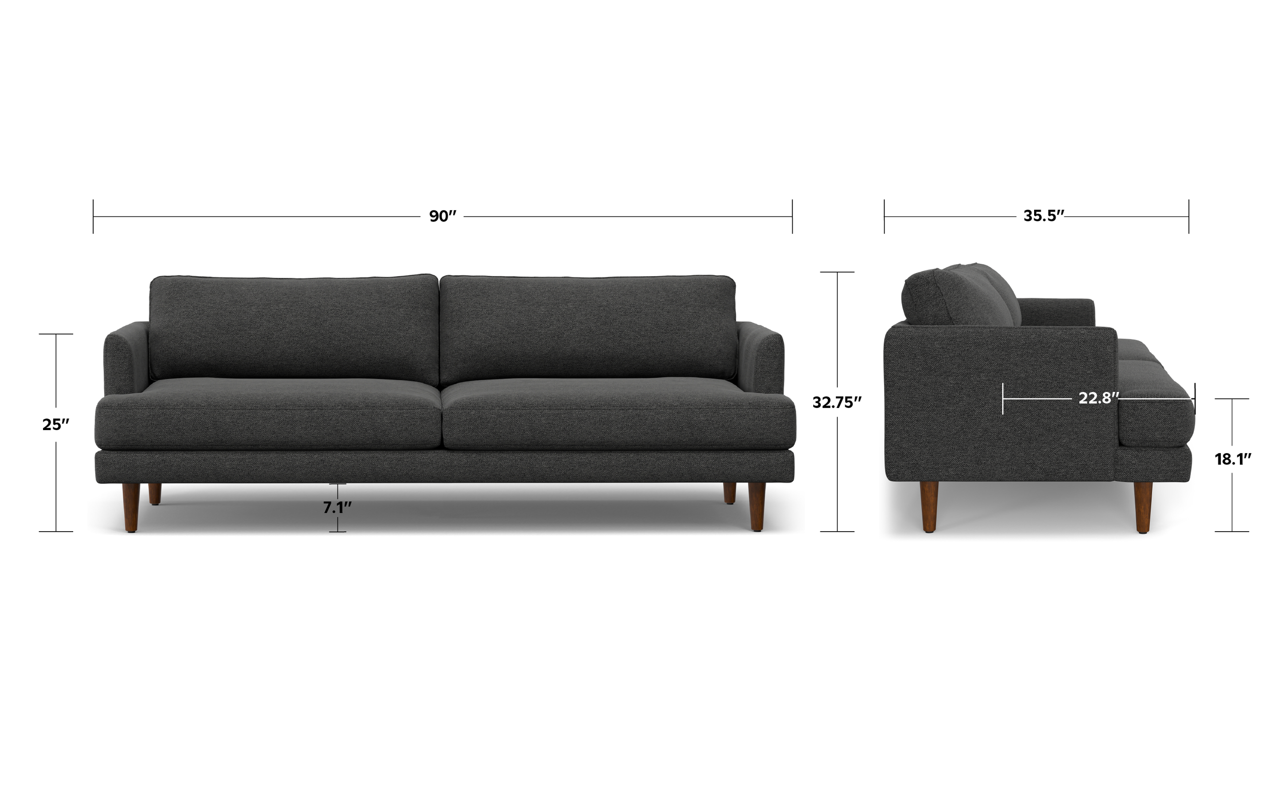 Charcoal Grey Woven-Blend Fabric | Livingston 90 inch Mid Century Sofa