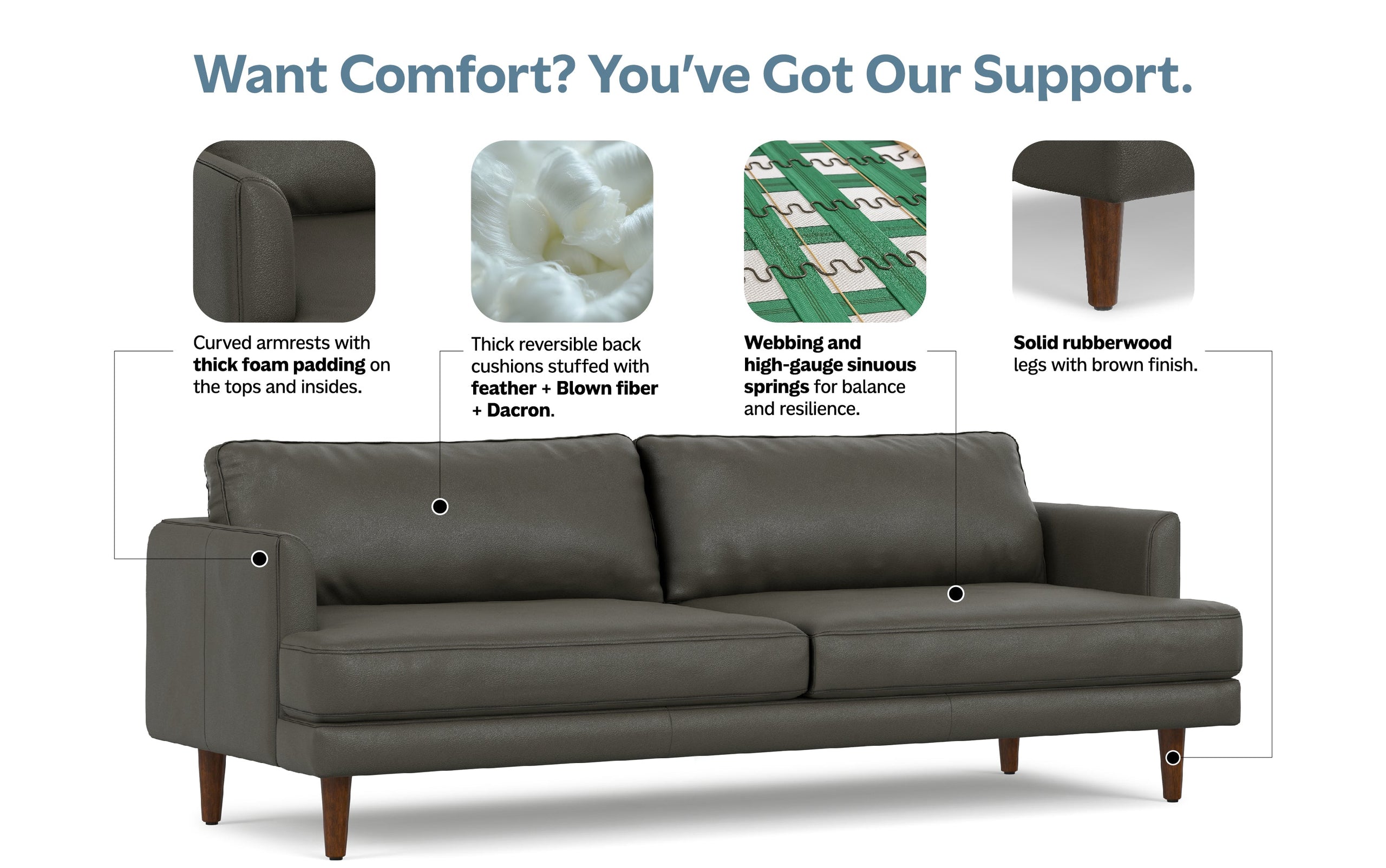 Coal Genuine Top Grain Leather | Livingston 90 inch Mid Century Sofa in Genuine Leather