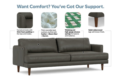 Coal Genuine Top Grain Leather | Livingston 90 inch Mid Century Sofa in Genuine Leather