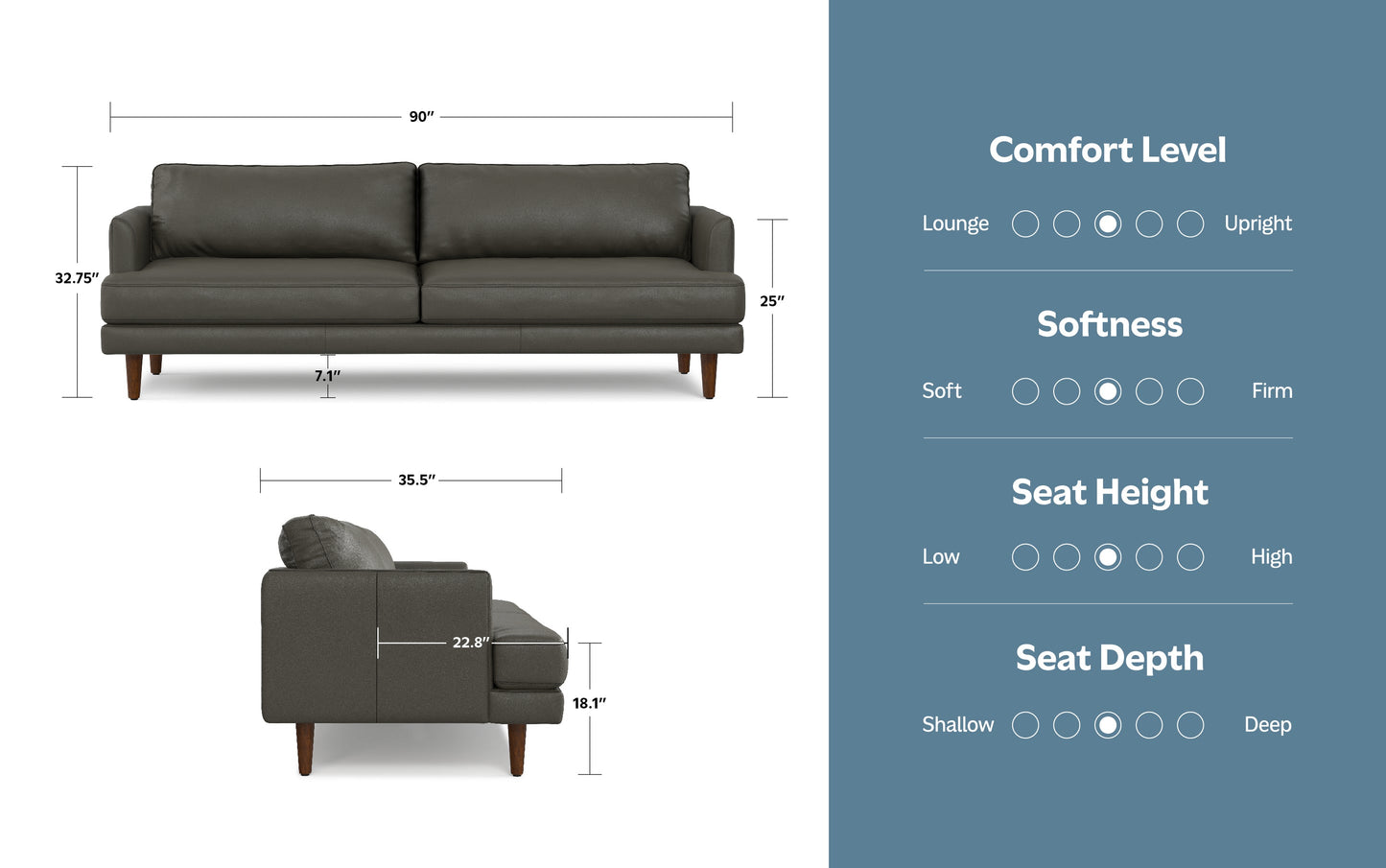Coal Genuine Top Grain Leather | Livingston 90 inch Mid Century Sofa in Genuine Leather