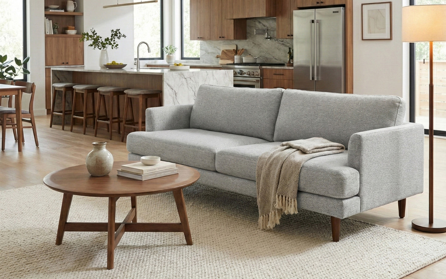 Mist Grey Woven-Blend Fabric | Livingston 90 inch Mid Century Sofa