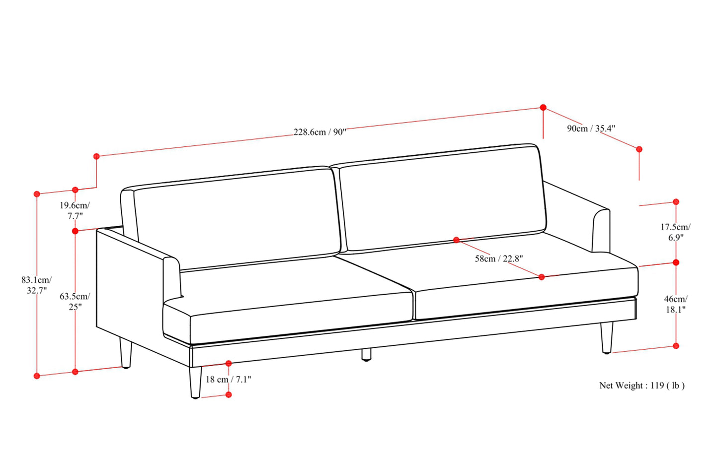 Sienna Genuine Top Grain Leather | Livingston 90 inch Mid Century Sofa in Genuine Leather