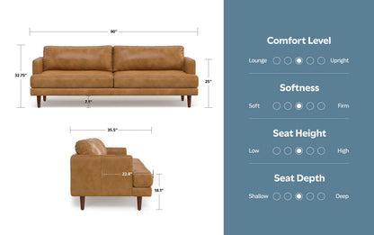 Sienna Genuine Top Grain Leather | Livingston 90 inch Mid Century Sofa in Genuine Leather