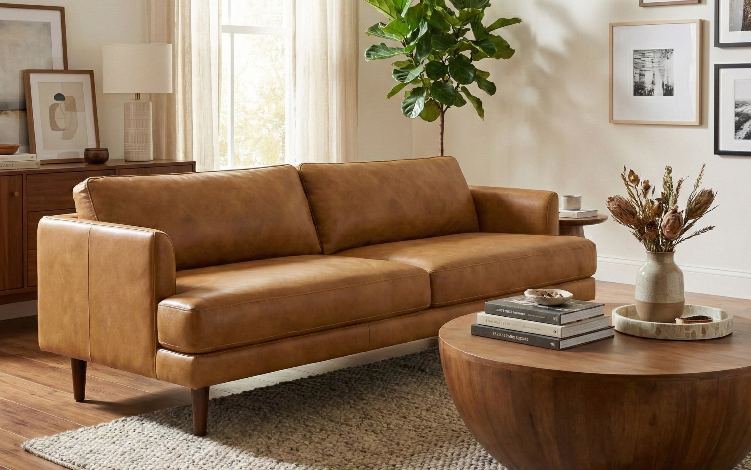 Sienna Genuine Top Grain Leather | Livingston 90 inch Mid Century Sofa in Genuine Leather