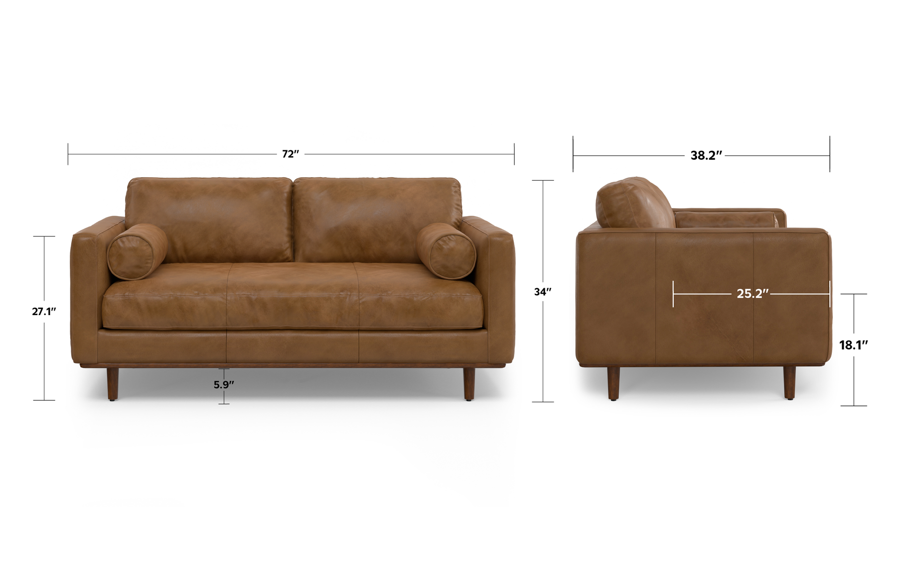 Caramel Brown Genuine Top Grain Leather | Morrison 72 inch Mid Century Sofa in Genuine Leather