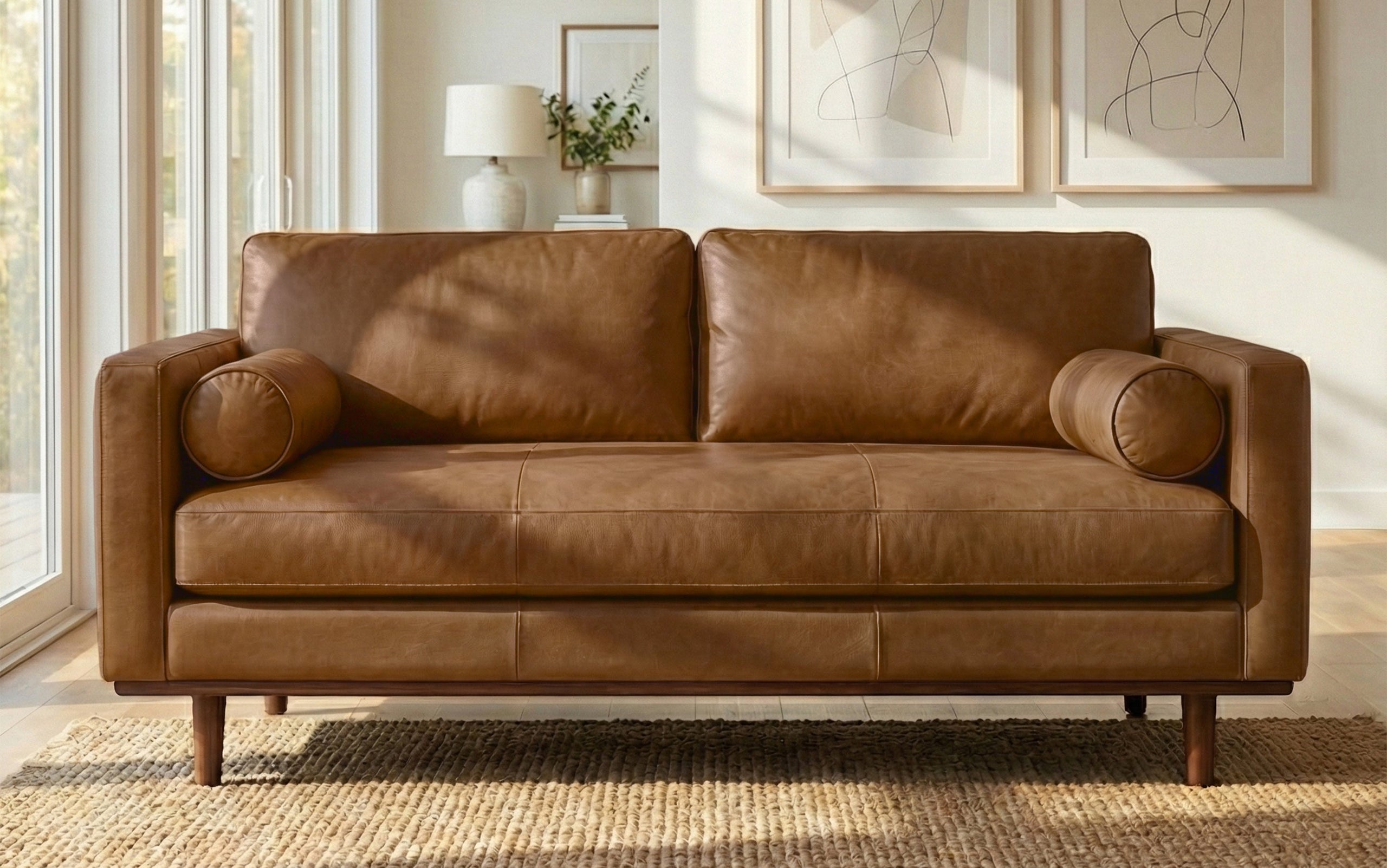 Caramel Brown Genuine Top Grain Leather | Morrison 72 inch Mid Century Sofa in Genuine Leather