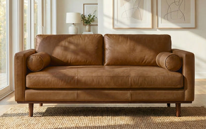 Caramel Brown Genuine Top Grain Leather | Morrison 72 inch Mid Century Sofa in Genuine Leather
