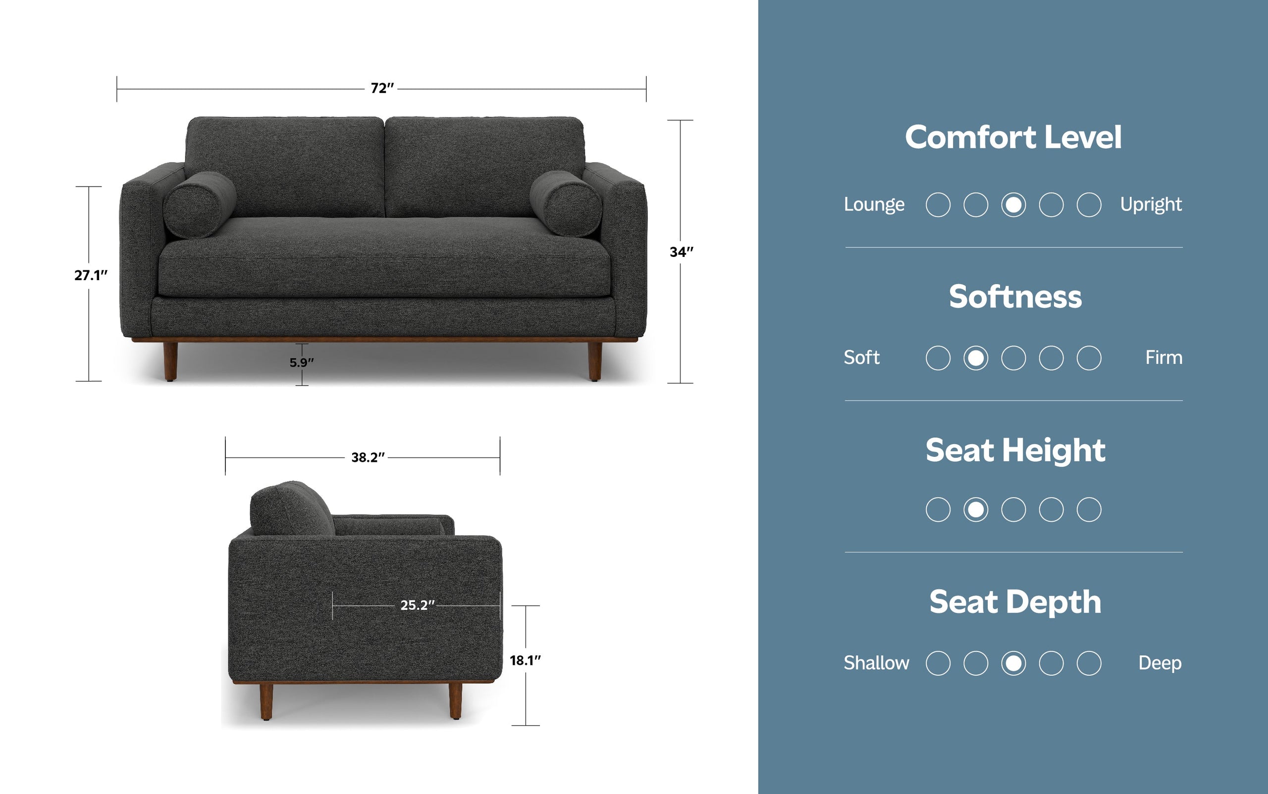 Charcoal Grey Woven-Blend Fabric | Morrison 72 inch Mid Century Sofa