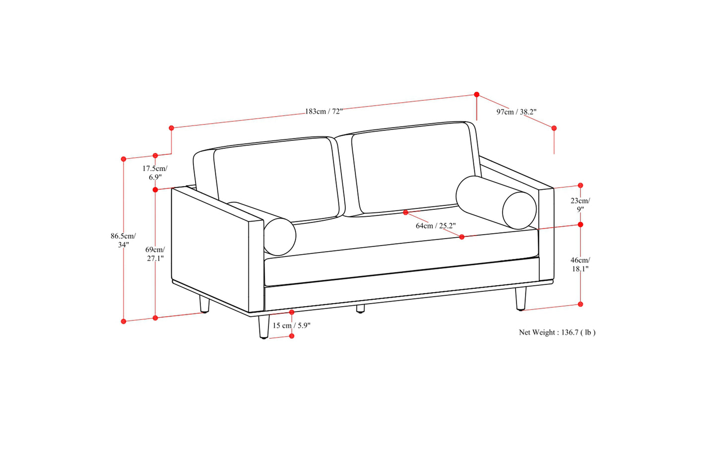 Cream White Woven-Blend Fabric | Morrison 72 inch Mid Century Sofa