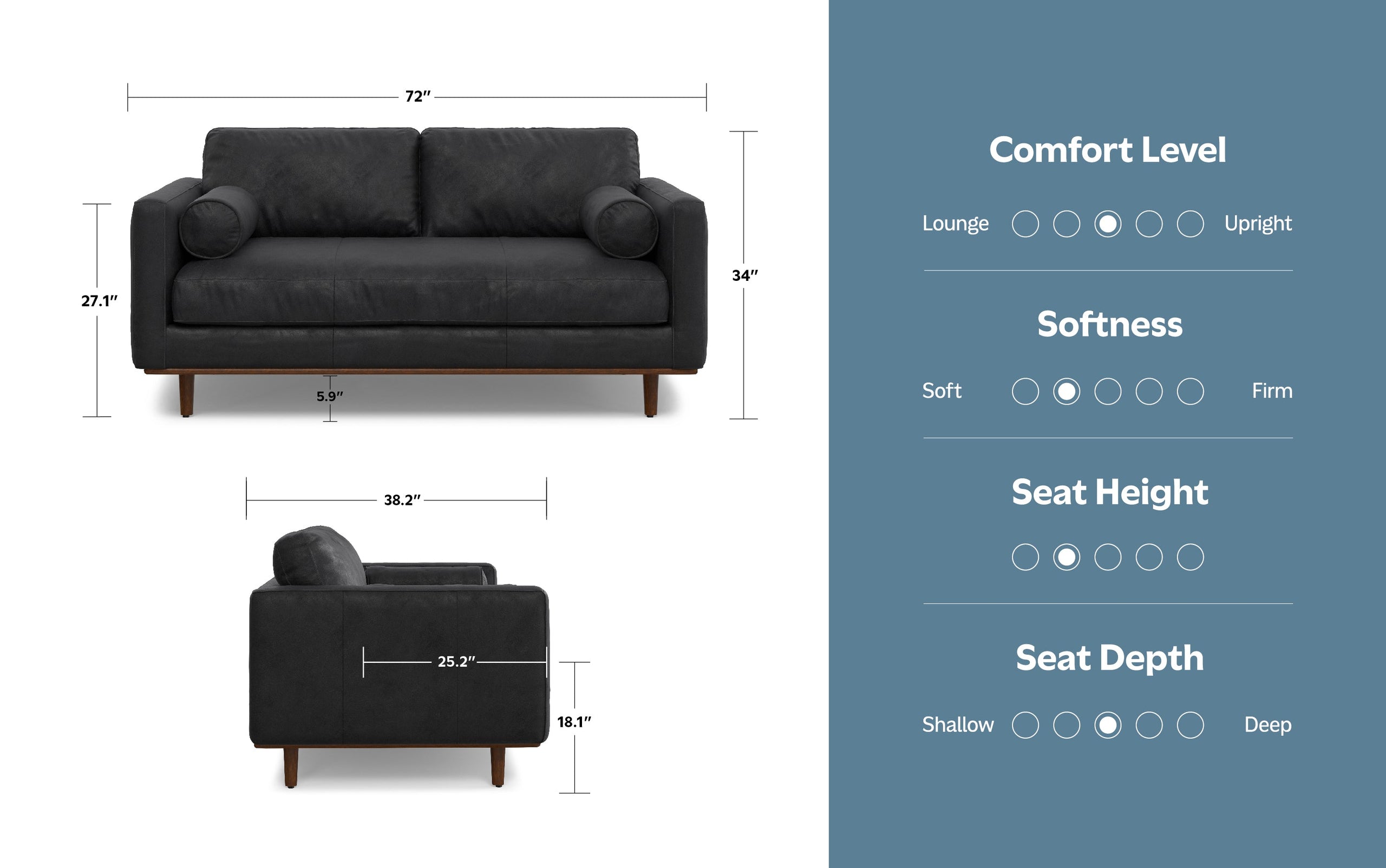 Lead Black Genuine Top Grain Leather | Morrison 72 inch Mid Century Sofa in Genuine Leather