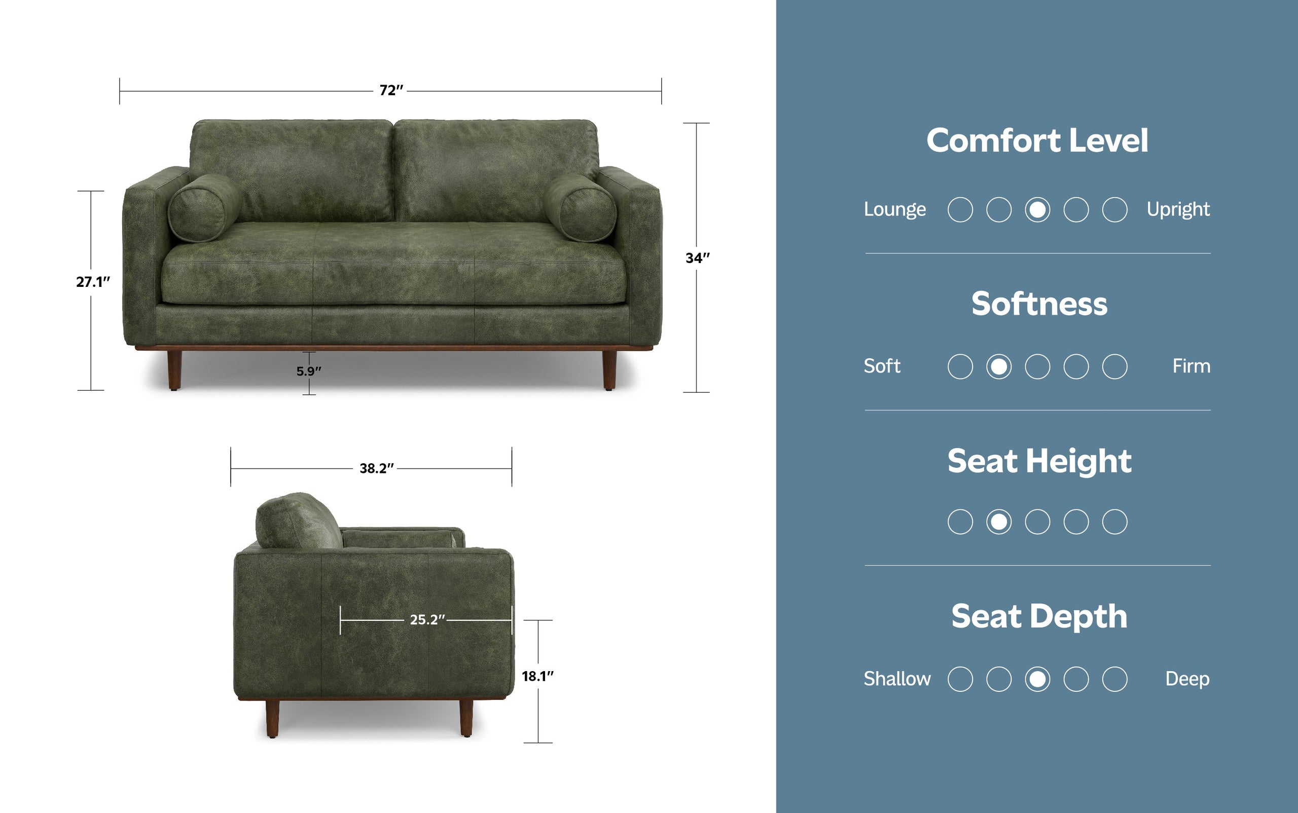 Moss Green Genuine Top Grain Leather | Morrison 72 inch Mid Century Sofa in Genuine Leather