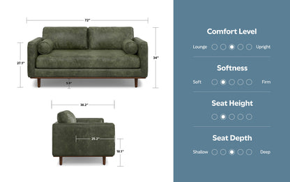 Moss Green Genuine Top Grain Leather | Morrison 72 inch Mid Century Sofa in Genuine Leather