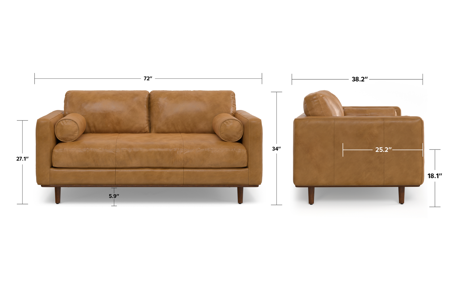 Sienna Genuine Top Grain Leather | Morrison 72 inch Mid Century Sofa in Genuine Leather