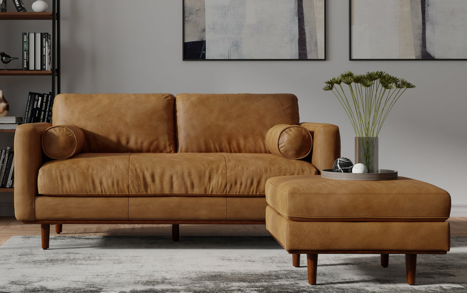 Sienna Genuine Top Grain Leather | Morrison 72 inch Mid Century Sofa in Genuine Leather