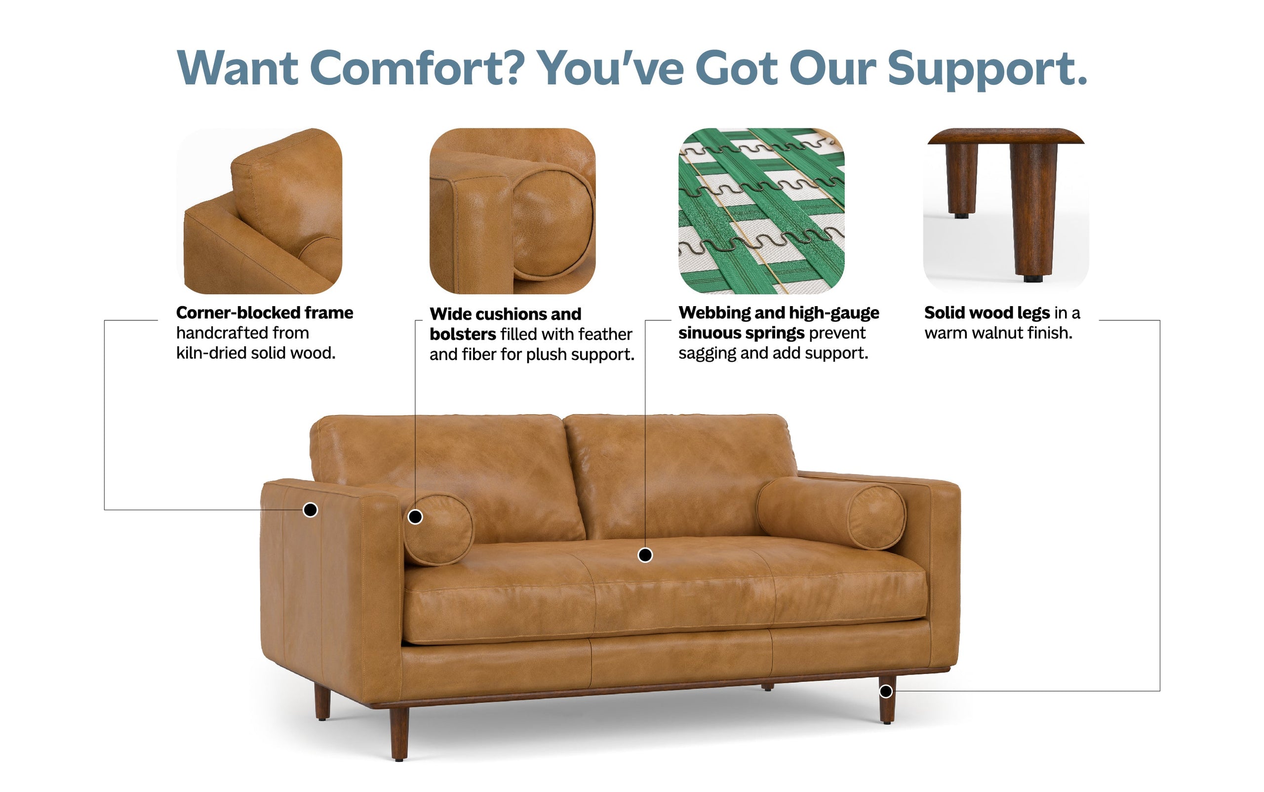 Sienna Genuine Top Grain Leather | Morrison 72 inch Mid Century Sofa in Genuine Leather