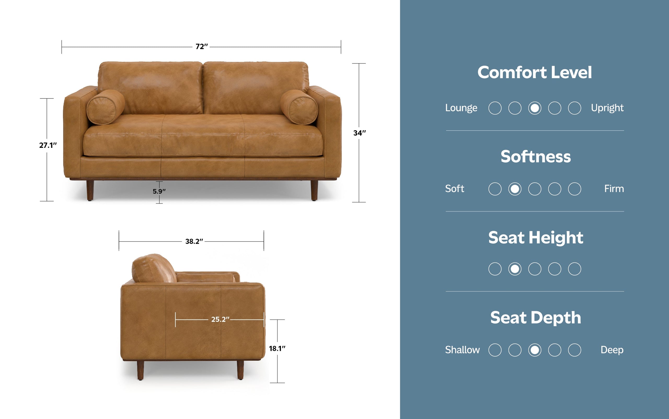Sienna Genuine Top Grain Leather | Morrison 72 inch Mid Century Sofa in Genuine Leather
