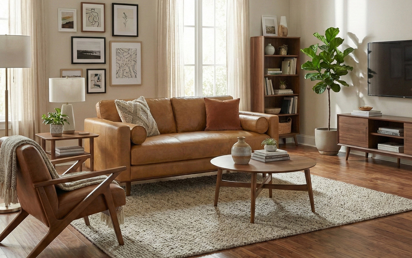 Sienna Genuine Top Grain Leather | Morrison 72 inch Mid Century Sofa in Genuine Leather