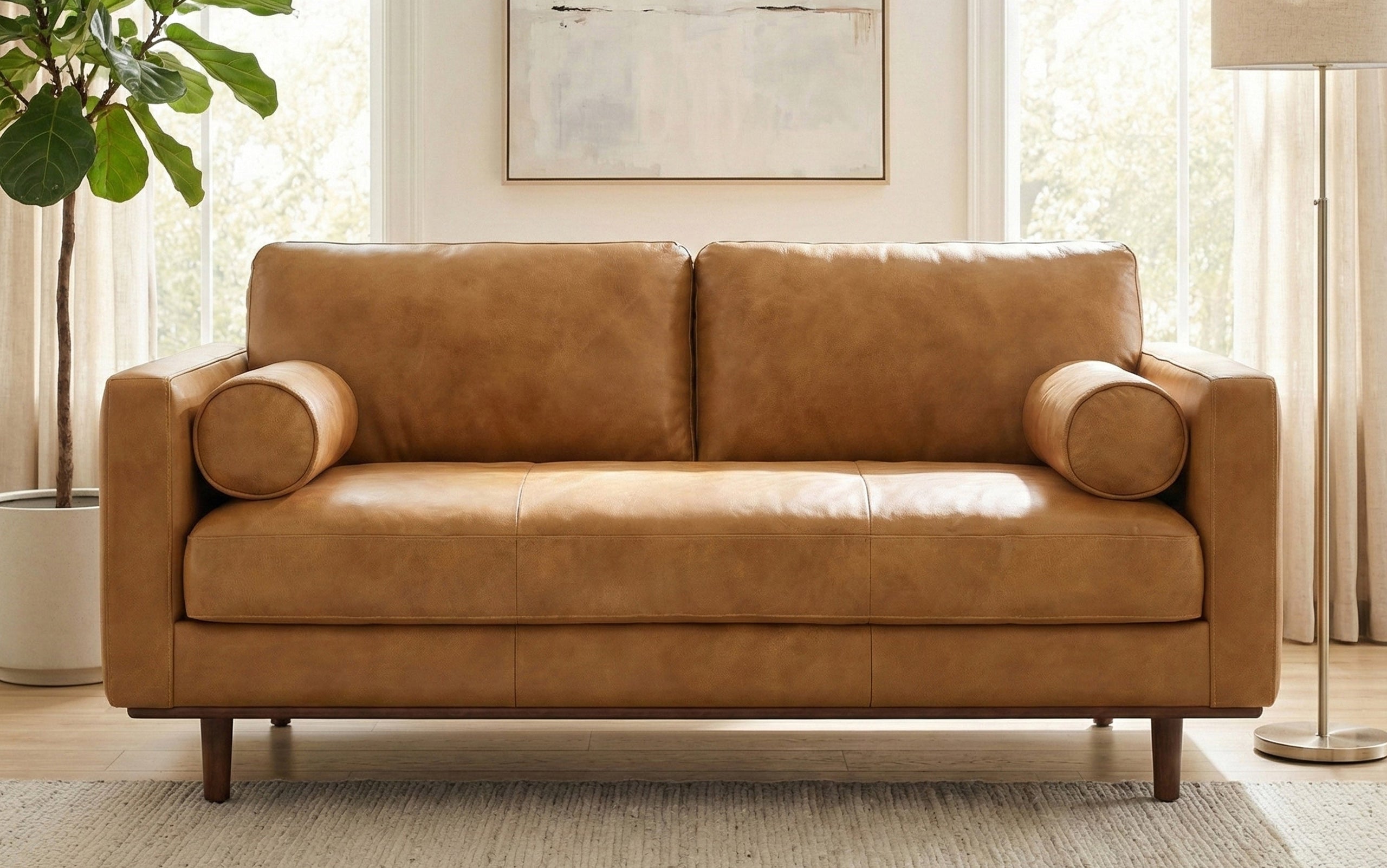 Sienna Genuine Top Grain Leather | Morrison 72 inch Mid Century Sofa in Genuine Leather